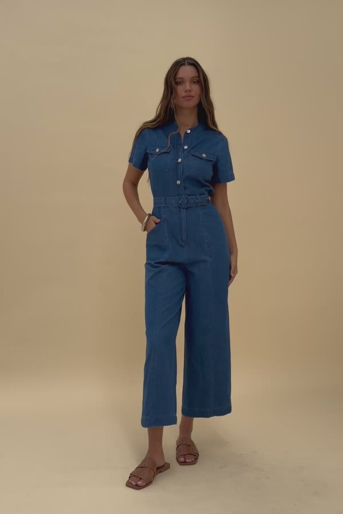 Woman wearing Frock Me Out CHAMBRAY Safari Jumpsuit